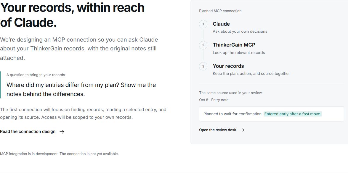 The planned Claude to ThinkerGain MCP connection keeps the same source note used in the review desk.